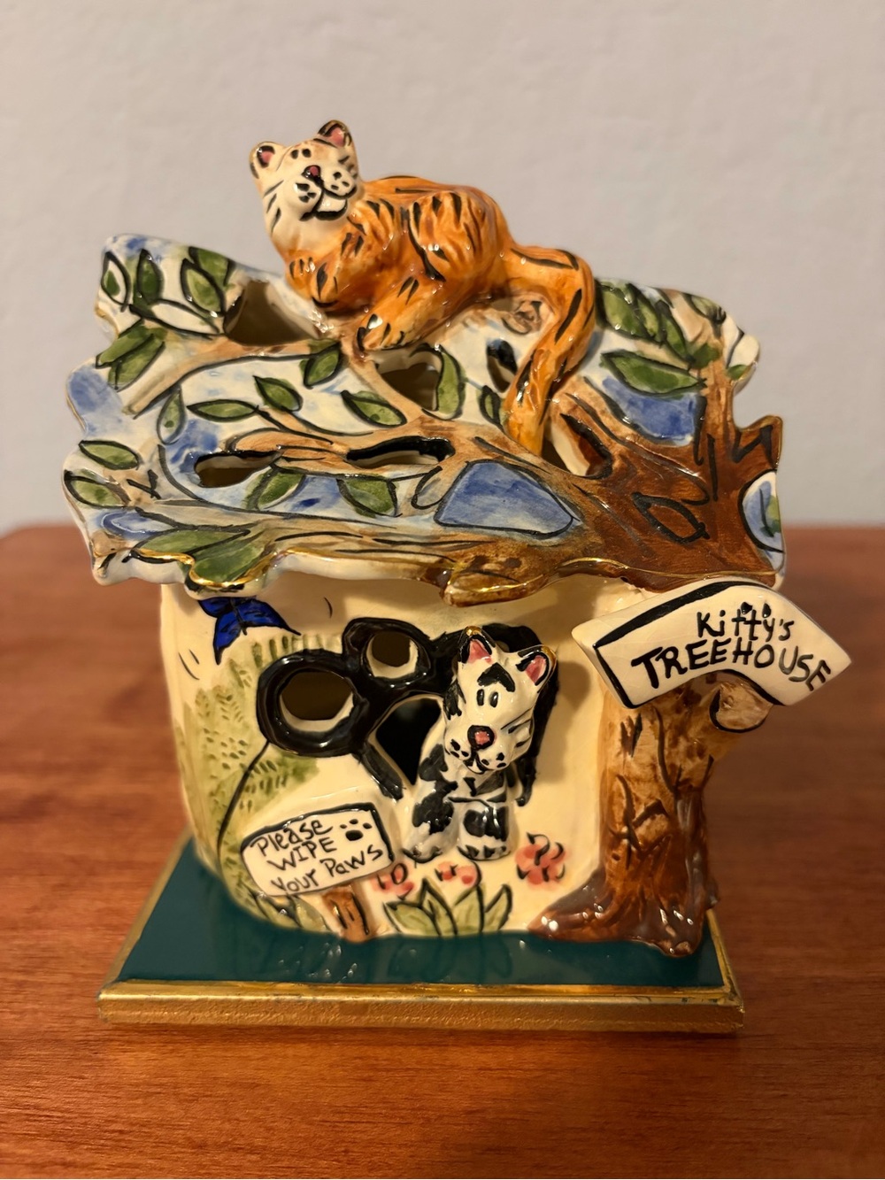 Hand-Painted Kitty Treehouse Ceramic Figurine in Orange, Blue & Cream